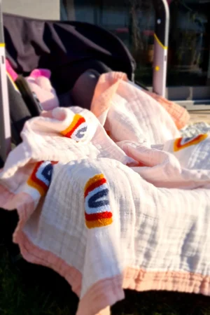 BEBEROTTI ORGANIC 4 LAYER MUSLIN BABY BLANKET WITH EMBROIDERY, 80X95 CM